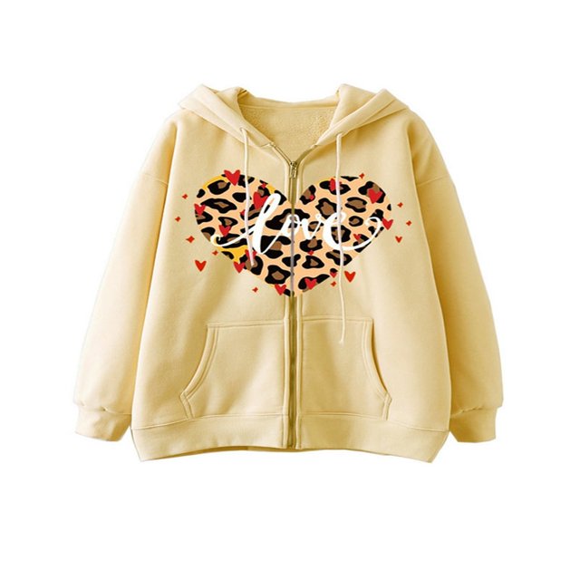 Women Hoodie Heart Letters Leopard Print Sweatshirt with Pockets