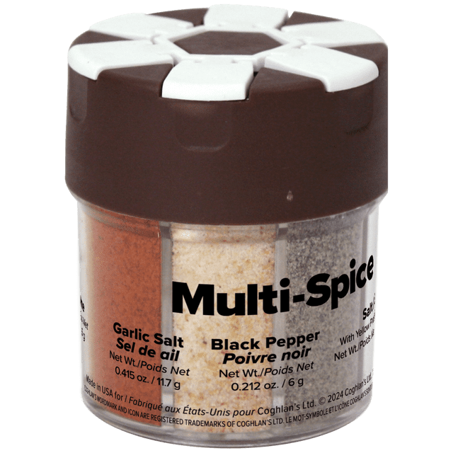 Coghlan's Shaker Multi-Épices avec six Compartiments en Acrylique Transparent Contenant du paprika, du Sel à l'Ail, du Poivre Noir, du Sel, du Cari et du cayenne, Chacun avec un Couvercle Blanc à Rabat sur une base Brune, Convient au camping et au Rangement des Aliments et à l'Assaisonnement en Cuisine.