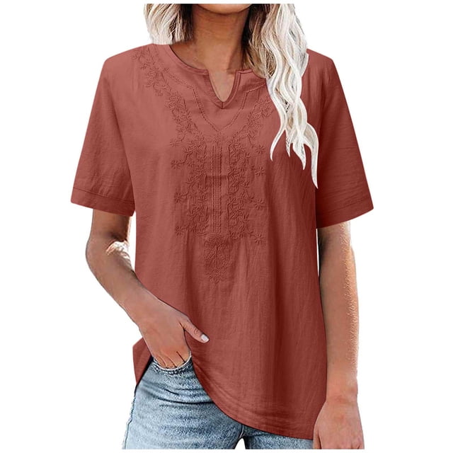 Timegard Womens Tops Notched V Neck Short Sleeve Embroidery Tops Loose Blouse Spring Summer Fashion