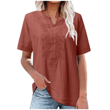 Dealovy Women T-Shirts Summer Notch V Neck Short Sleeve Casual Loose Fitted Solid Color Tunic Tops
