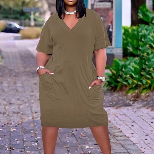 BEFOKA Robe pour Femme Grande Taille, Liquidation de Robes d'Été pour Femmes, Robe Unie Grande Taille à Manches Courtes et Col avec Poches pour Femme