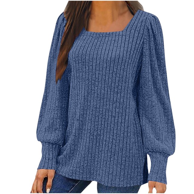 Meichang Cyber and Monday Deals, Puff Long Sleeve Shirts for Women Plus Size Square Neck Ribbed Knit Tops Solid Loose Fit Side Slit Hem Blouses Spring Trendy Women Tunic Tops