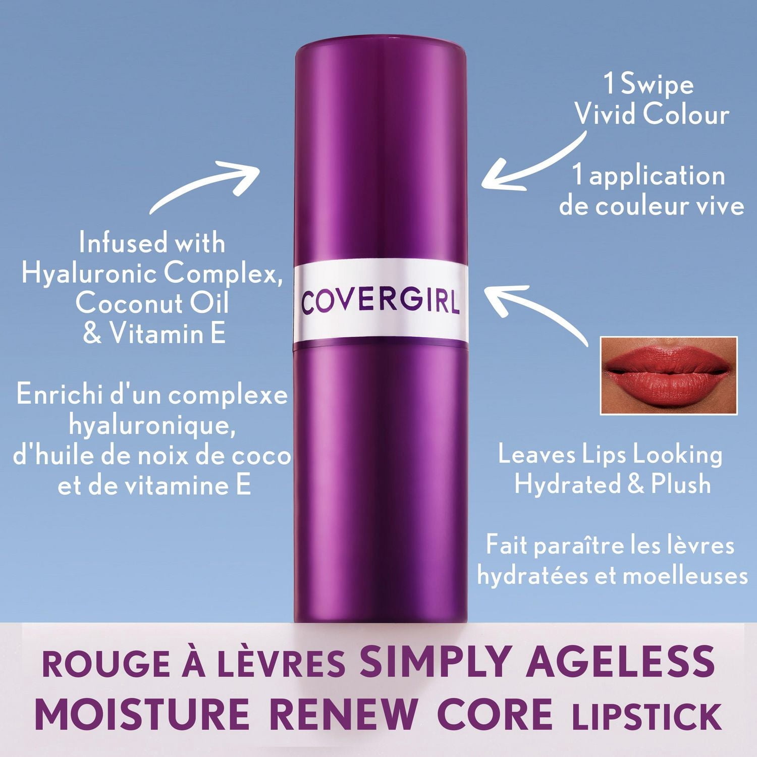 COVERGIRL Rouge à lèvres Simply Ageless Moisture Renew Core Enrichi d'un complexe hyaluronique, d'huile de noix de coco et de vitamine E