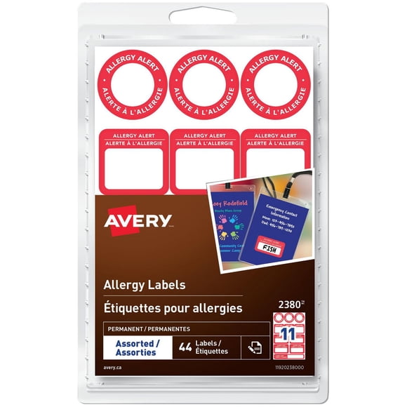 Avery Write-On Allergy Alert Labels, Handwrite, Assorted Sizes, Waterproof Adhesive - 2380