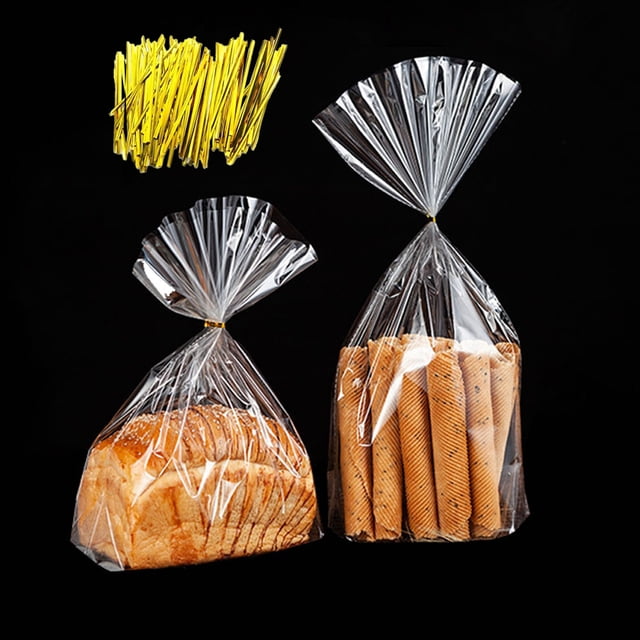 Sacs à Pain en Plastique Réutilisables pour Pain Maison - Lot de 100, Comprenant des Sacs Transparents en Polyéthylène Basse Densité Conçus pour Garder le Pain Frais et Sans Odeur. Comprend des Attaches Torsadées de Couleur Or pour un Scellage Hermétique. Convient à Divers types de Pain comme les Pains, les bagels et les muffins. Idéal pour les Boulangers à Domicile et les Propriétaires de Boulangerie.
