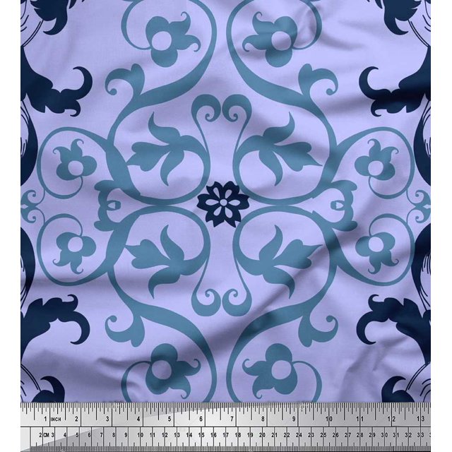 Soimoi polyester Crepe Fabric Swirl & Ogee Damask Decor Fabric Printed Yard 42 Inch Wide