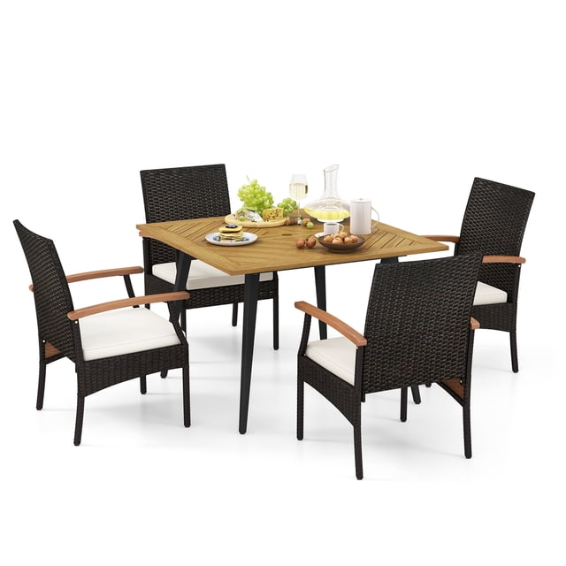 Gymax 5PCS Patio PE Wicker Dining Set Table and Chairs w/ Cushions 1.9'' Umbrella Hole