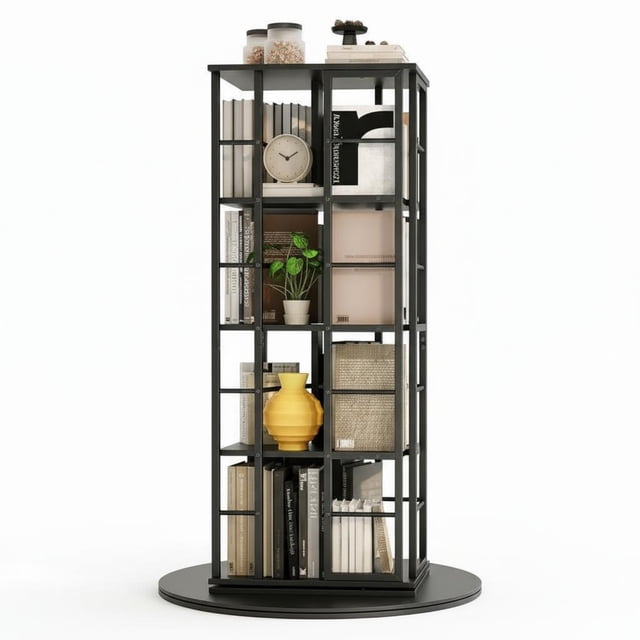 Garvee Revolving Bookshelf 15.7 x 15.7 x 54.1", 4 Tier 360°, Metal Frame with Safety Rails, Black