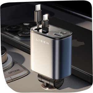 YJJSKEJI Chargeur de voiture rétractable USB C, 69W USB C Adaptateur de chargeur de voiture avec deux câbles C, PD 30W Adaptateur d'éclairage à cigarettes à charge rapide pour iPhone 16 15/Samsung/Android