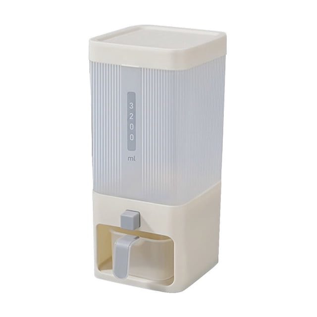 EGNMCR Storage Containers Rice Dispenser, a large grain container with a lid and measuring cylinder, designed for household use. Made of polypropylene, it features a transparent body with a 3200 ml capacity indicator and a dispensing lever at the bottom. Ideal for storing rice, soybeans, corn, and other cereals in the kitchen. Dimensions: 31.5x15x14 cm.