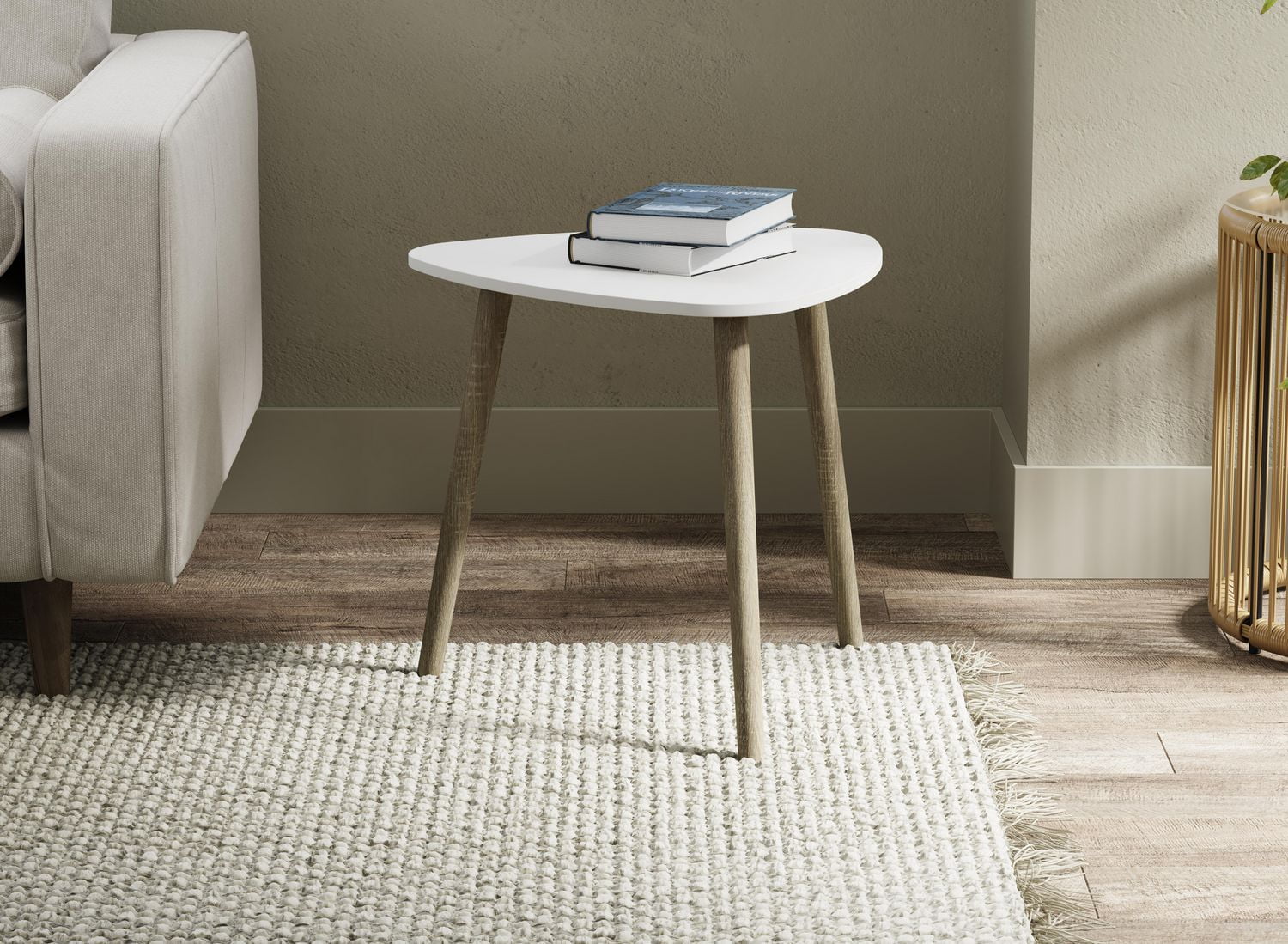 Table d'appoint. Table de bout pour salon. Table de chevet ou table de nuit. Petite table d'entrée. Facile à assembler. Plateau blanc, base en bois naturel.
