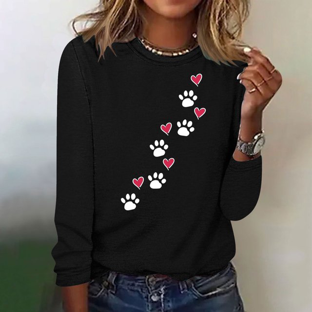 XZNGL Womens Printed Round Neck Pullover Long Sleeved Casual Womens