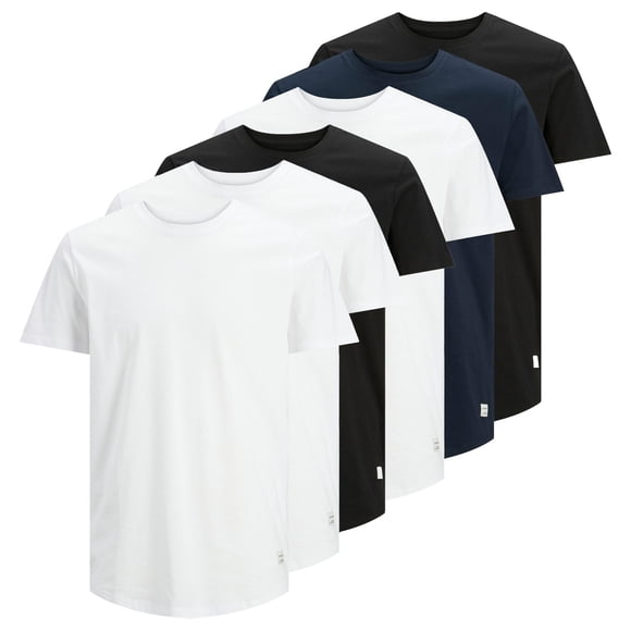 JACK&JONES T-shirt pour Homme, Lot de 6 - T-shirt JJENOA 6 Pa, Manches Courtes, Coton Biologique, Couleur Unie Blanc/noir/blanc/bleu Marine/noir TG (Très Grand)