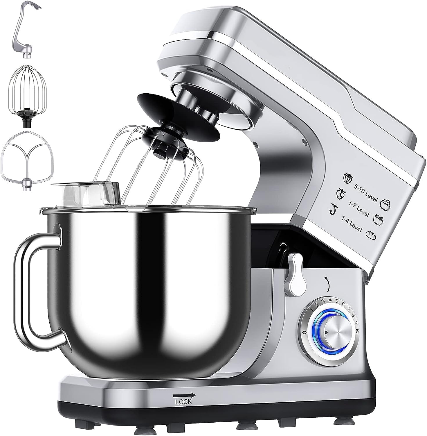 COZONY 7.5Qt Kitchen Electric Mixer，3 In 1 Stand Food Mixer With 10-Speed Tilt Head，Dough Mixer With Egg Whisk, Dough Hook, Beater, and Splash Guard, For Home Cooks, Silver