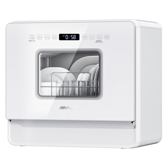 AIRMSEN 5-Place Settings Portable Countertop Dishwasher with 5L Built-in Water Tank, Ultra-Slim Dishwasher Upgrade 3 Spray Arms, 12H Delay Start and Salt Chamber Function, ZMW-DUHA01