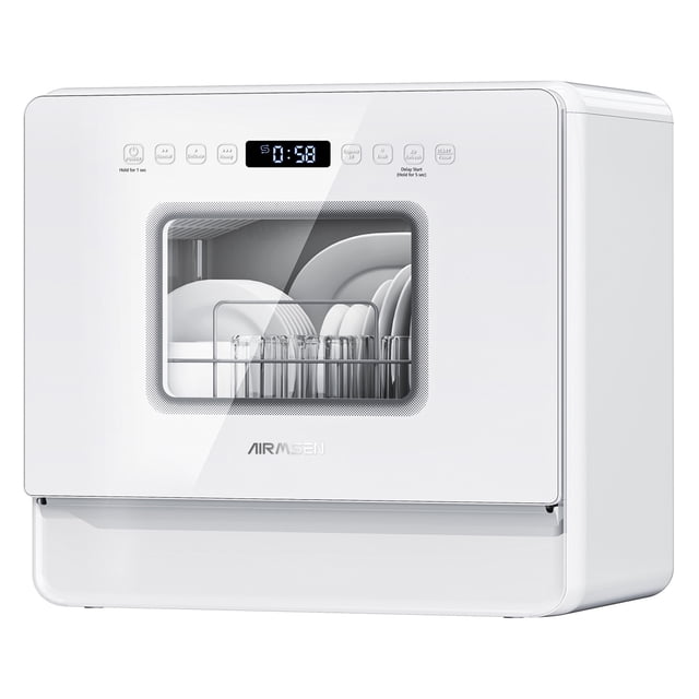 AIRMSEN Lave-Vaisselle de Comptoir Portable à 5 Réglages avec Réservoir d'Eau Intégré de 5 L, Modèle ZMW-DUHA01, Présenté dans un design Blanc Épuré avec une Taille Compacte de 21,6 x 14,2 x 19,6 Pouces. le Lave-Vaisselle Présente une Porte en Verre à Double Couche Transparente, un Écran Tactile à DEL et des Supports Intérieurs Visibles pour Tenir la Vaisselle. Équipé de 3 Bras de Pulvérisation à Haute Pression, 5 Programmes de Lavage et une Fonction de Démarrage avec Retard de 12 Heures,