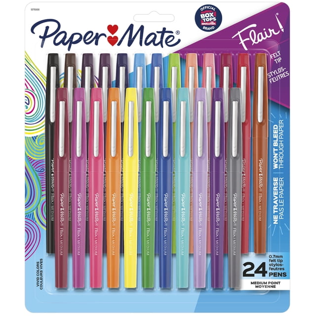 Paper Mate Flair Felt Tip Pens, Medium Point (0.7 mm), Assorted Colours, 24 Count, displayed in retail packaging with 24 felt tip pens in assorted vibrant colours including black, brown, purple, blue, green, yellow, orange, pink, red, and grey, each pen featuring a white clip and a medium 0.7 mm felt tip that delivers bold, smear-resistant lines without bleeding through paper, ideal for writing, drawing, and note-taking in office and school environments.