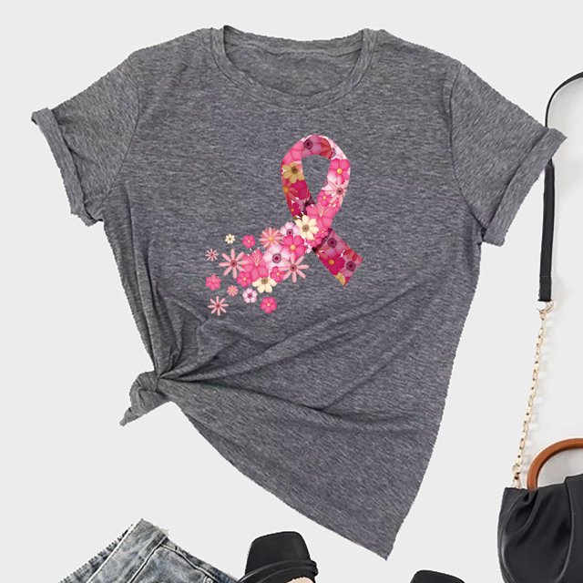 TIMIFIS Chandails de Sensibilisation au Cancer du Sein pour Femmes Été Ample Imprimé T-Shirt à Col Rond Manches Courtes Blouse Décontractée Automne/hiver
