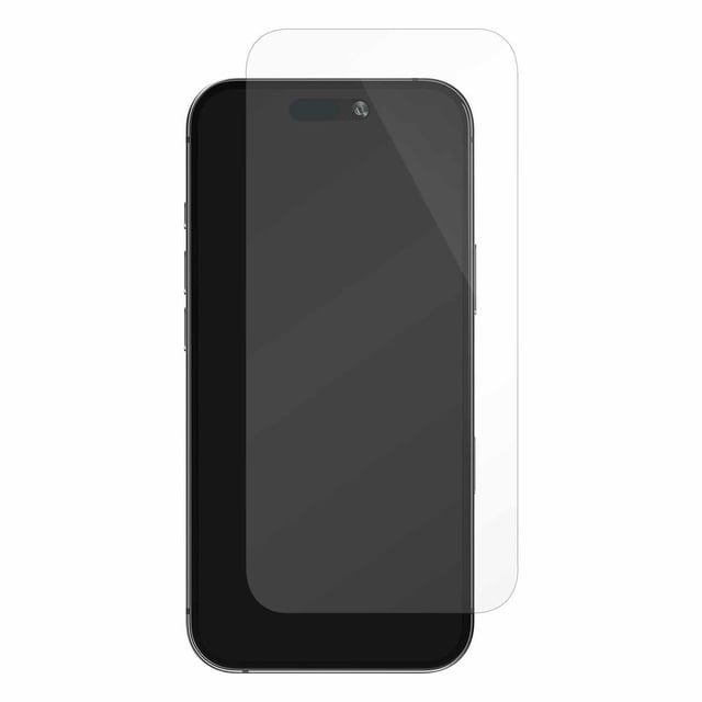 Blu Element Tempered Glass Screen Protector for iPhone 16 Pro Max shown as a clear tempered glass layer aligned over a front-facing black iPhone 16 Pro Max with rounded edges and front camera cutout, providing 2X stronger scratch-resistant protection with easy bubble-free silicone adhesive installation, also ideal for reducing fingerprints and preserving screen clarity.
