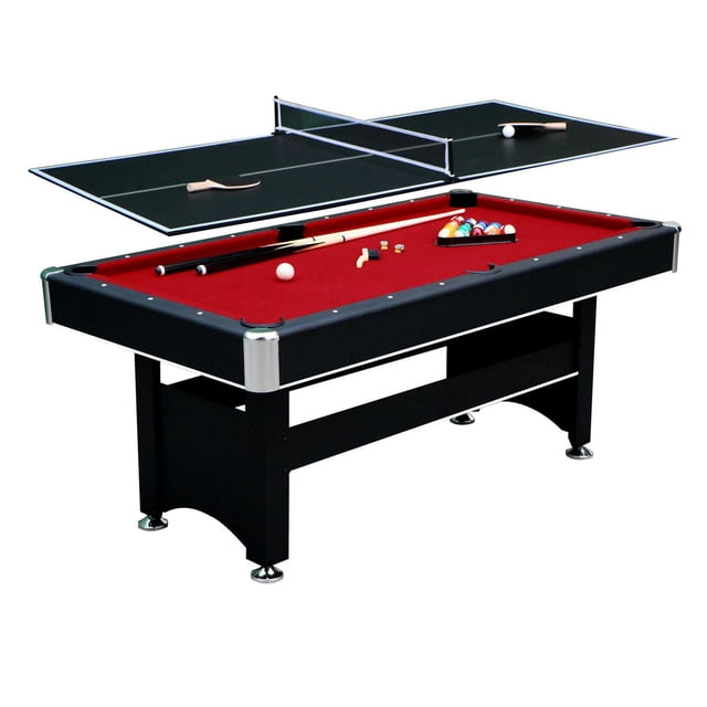 Spartan 6-ft Pool Table with Table Tennis Conversion Top with black melamine frame and silver corner guards, featuring a burgundy felt pool surface set with a full rack of billiard balls, two pool cues, chalk, and a white cue ball. The removable black table tennis top with white boundary lines and net includes two wooden paddles and a white ping pong ball. Ideal for compact game rooms, this multi-game table offers versatile play options.