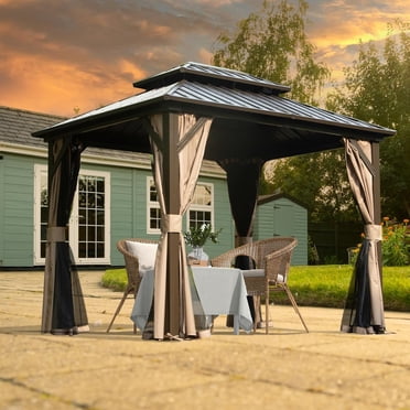 Domi Outdoor Living Pavillon à Toit Rigide Permanent 8 Pieds x 10 Pieds, Double Toit en Acier Galvanisé avec Rideaux et Moustiquaire pour Patio, Cour Arrière, Repas en Plein Air, Brun