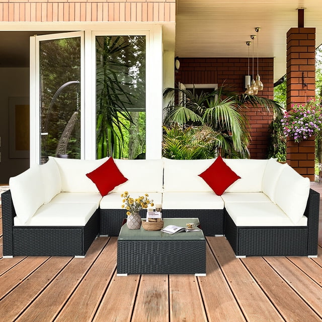 Gymax Ensemble de Mobilier Sectionnel de Conversation pour Patio en Rotin 7 Pcs avec Coussin et Oreiller