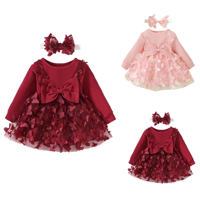 EYWGYA Robes Décontractées à Manches Longues pour Fillette, Robe de Fête pour Bébé Fille Couleur Unie à Manches Longues Robe à Col Rond