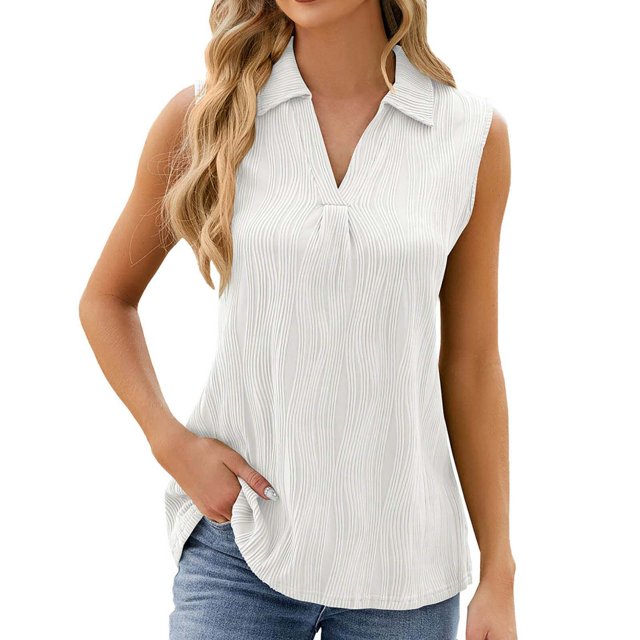 Plebaso Débardeurs à Col en V pour Femmes avec Col, Tuniques Décontractées Sans Manches, Chemises Amples Texturées, Blouses pour Femmes