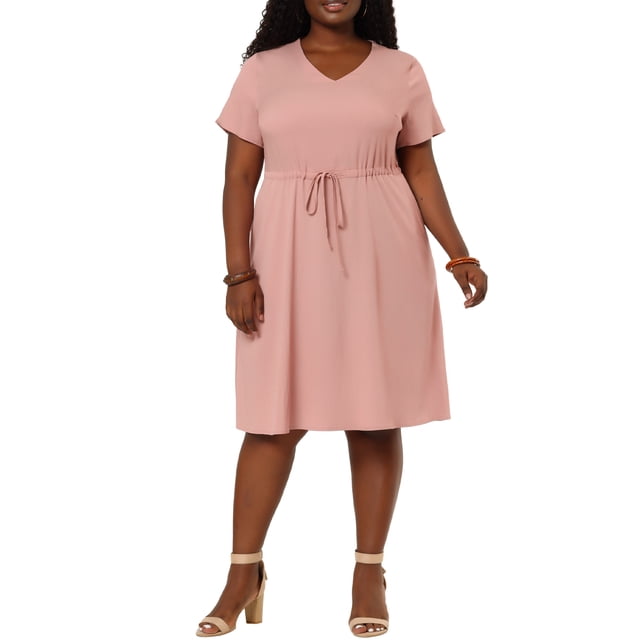 Agnes Orinda Robe-Chemise Midi Décontractée d'Automne à Manches Courtes à Cordon de Serrage de Pâques pour Femme Grande Taille4X Rose