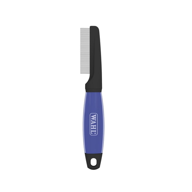 Wahl Dog Flea Comb with finely spaced stainless steel teeth and ergonomic blue gel handle, designed to remove fleas, flea dirt, and eggs from all dog coat types, shown front-facing on a white background.