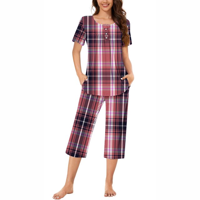 DPTALR Ensemble de Pyjama pour Femmes à Col Rond avec Imprimé à Carreaux, Manches Courtes, Chemise de Nuit et Pantalon avec Poches