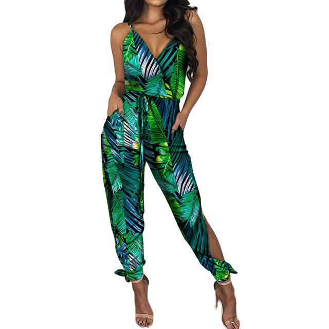Kmbangi Women Sexy Jumpsuit+Printed Pattern Deep V-neck Sleeveless Overalls