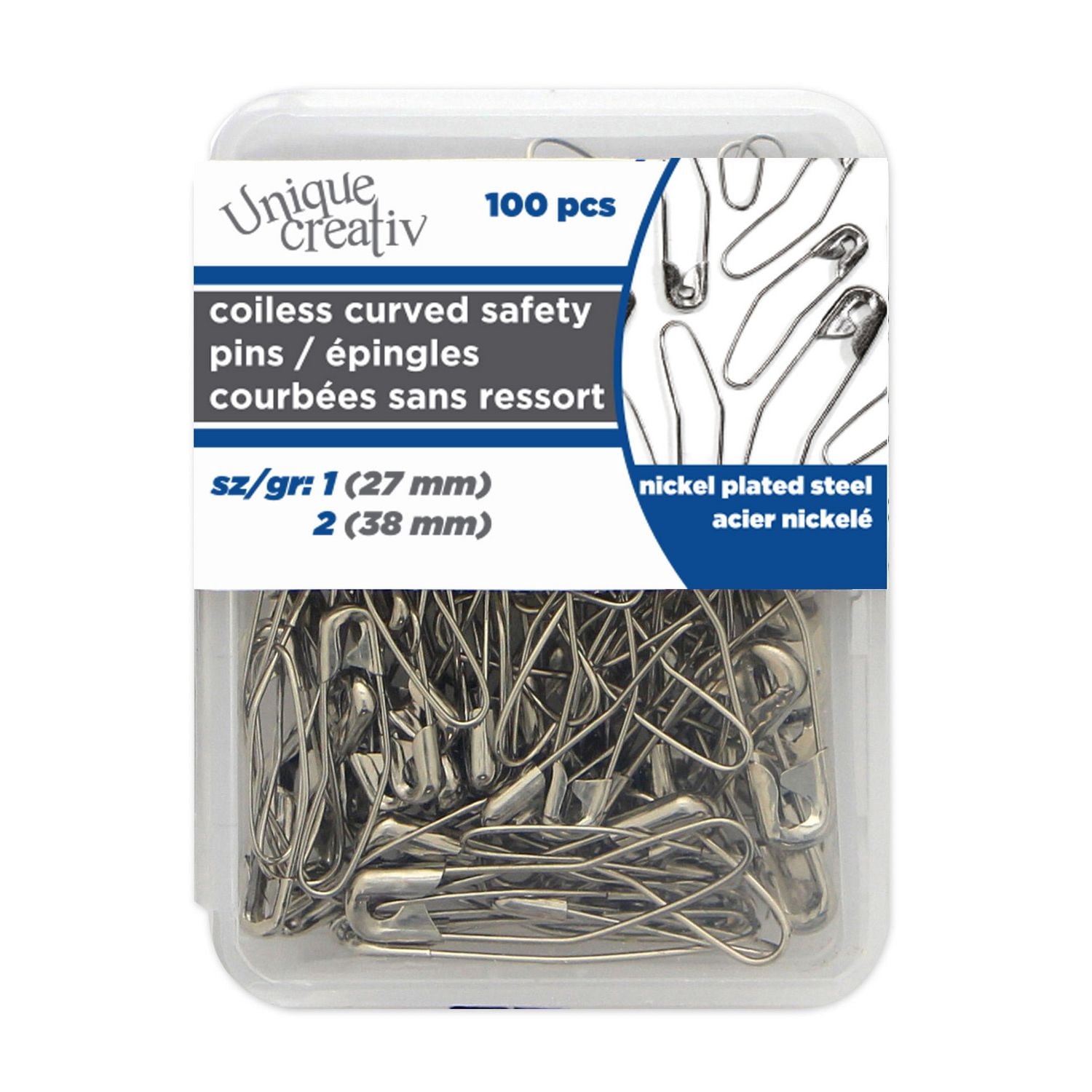 UNIQUE CREATIV Coil-Less Curved Safety Pins, Silver, 100-Pack, Less Safety Pins