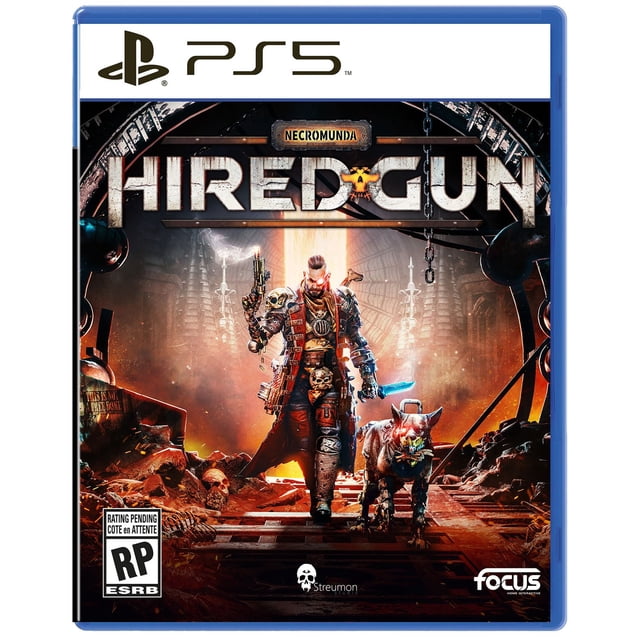 Necromunda Hired Gun - Couverture de Jeu PS5 Exclusive Walmart Montrant un Mercenaire Futuriste en Armure Détaillée Tenant un Pistolet et un Couteau Bleu Lumineux, Marchant avec un cyber-mastiff à Travers un Environnement Industriel Dystopique Parsemé de Crânes et de Débris.