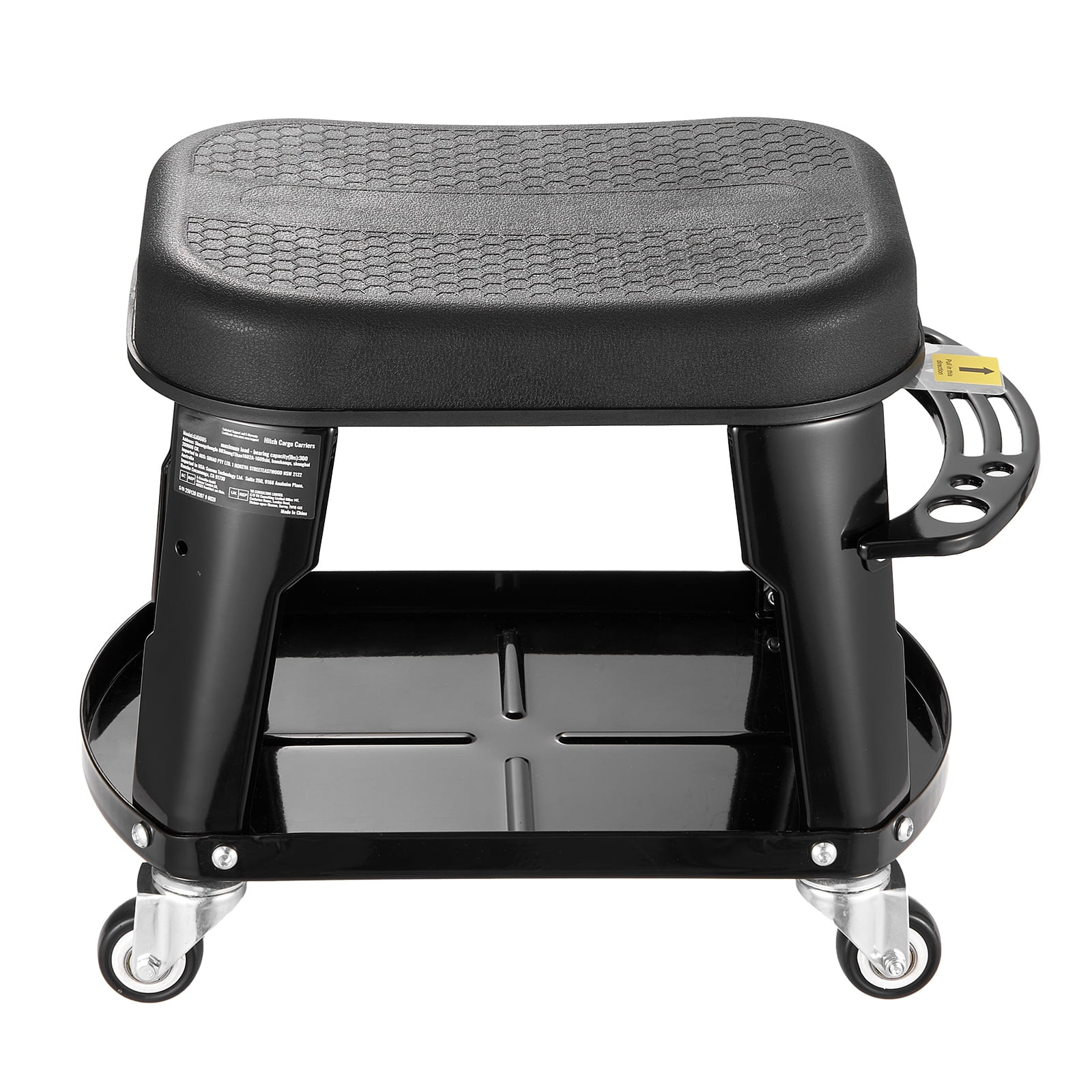 KFFKFF Mechanic Stool, 300 lbs Capacity Garage Seat/Work Stool with Wheels, 360° Swivel Rolling Workshop Stool with Tool Tray and Screwdriver Rack, Heavy-Duty