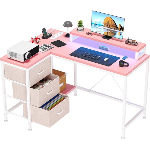 L Shaped Desk with Power Outlets & LED Lights, Computer Desk with Drawers & Shelves, Corner Desk Gaming Desk Home Office Desk,Pink