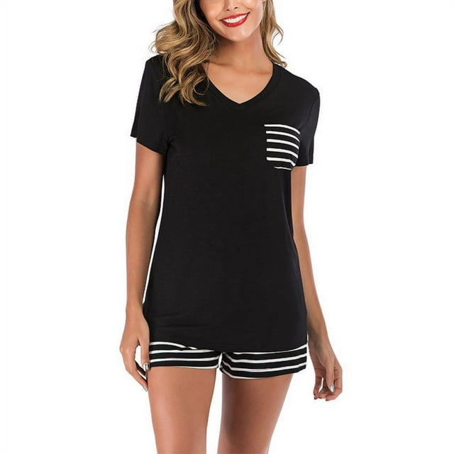 T-Shirts Ensemble de Pyjamas à Manches Courtes pour Femmes Haut Rayé et Shorts Pyjamas 2 Pcs de Vêtements de Maison Doux
