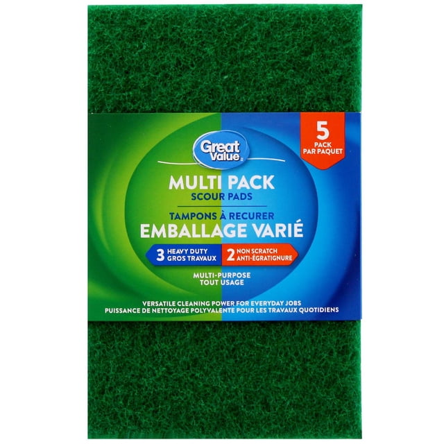Great Value Multi Pack Scour Pads 5-pack including 3 heavy-duty green scour pads and 2 non-scratch pads, designed for versatile cleaning of kitchen surfaces, pots, and pans, with bilingual English and French packaging for Canadian use.