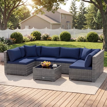 Costway 7PCS Patio Rattan Furniture Set Sectional Sofa Cushioned Garden Navy