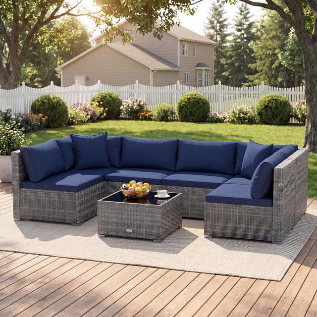 Costway 7PCS Patio Rattan Furniture Set Sectional Sofa Cushioned Garden Navy