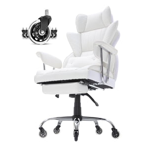 KFFKFF chaise de bureau avec accoudoir et repose-pieds, Durable PU chaise de bureau spacieuse en cuir, grandes chaises exécutives avec support du dos, base métallique robuste et roues silencieuses, blanc