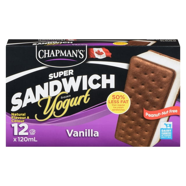 Chapman's Super Sandwich Vanilla Frozen Yogurt box containing 12 frozen yogurt sandwiches, each 120mL, with vanilla frozen yogurt between two chocolate wafers. This peanut and nut free treat features natural flavour and colour, 50% less fat than regular ice cream sandwiches, and is made with 100% Canadian dairy.