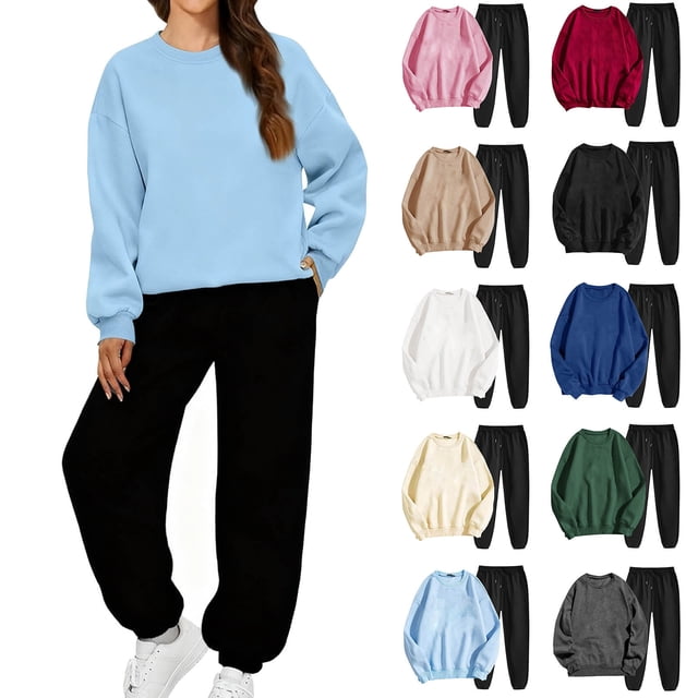 Yuyuzo Sweatsuits for Women Crewneck Sweatshirts Jogger Sweatpants 2 Piece Outfits Color Block Tracksuits