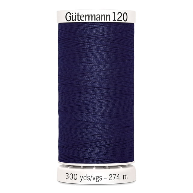 Gutermann 120 100% polyester all purpose thread spool in dark navy blue tightly wound on a white plastic spool labeled 'Gütermann 120' with length '300 yds/vgs - 274 m', suitable for machine and hand sewing cotton, synthetics, wool, and craft projects including home décor and beading.