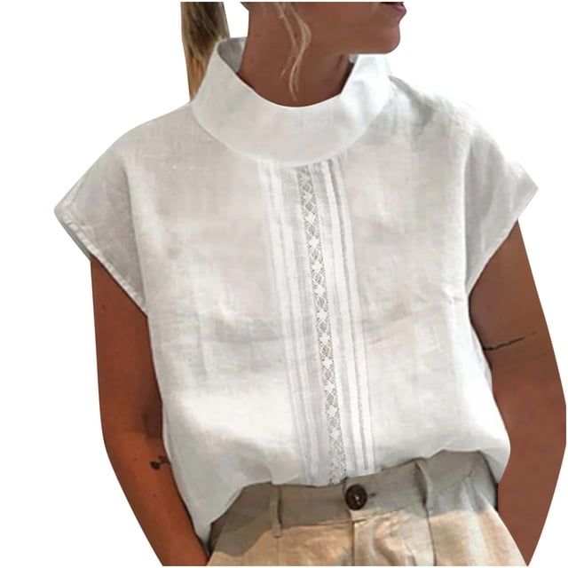 Birdeem Womens Spring Summer Solid Color Casual High Neck Top Cotton Linen Lace Blouses