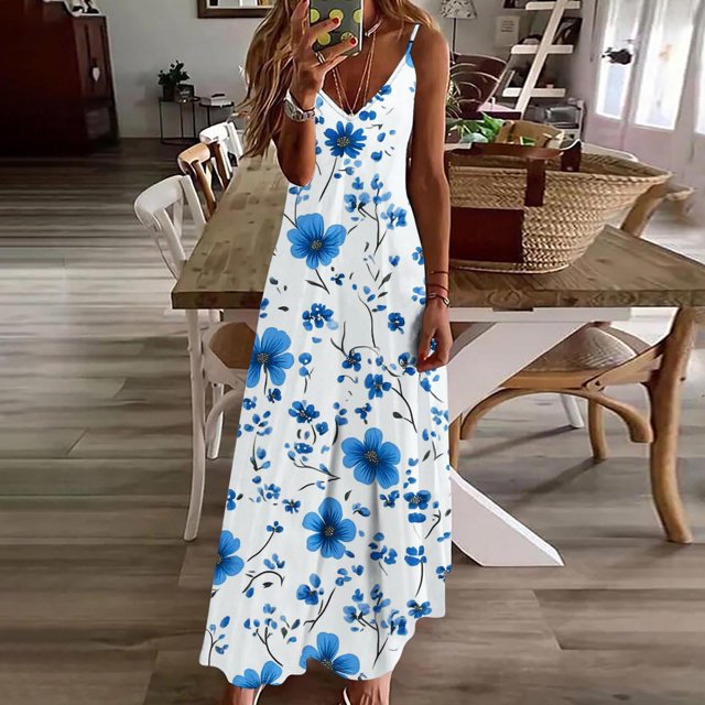Ovzne Robes d'Été pour Femmes Robe de Plage Robes d'Été pour Femmes Imprimé Sans Manches Col Rond Robe Décontractée Robes Grande Taille Robe Maxi Imprimée Liquidation