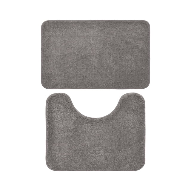 Yhmxh Bathroom Floor Mat 2 Piece Solid Color AntiDirty Carpet set in gray, featuring a rectangular mat (40x60cm) and a U-shaped mat (50x40cm). Made of polyester with a non-slip TPR backing for safety, these mats are absorbent, washable, and designed to keep your bathroom clean and dry. Suitable for indoor and outdoor use, they add a stylish and functional touch to your bathroom decor.