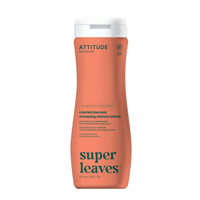 ATTITUDE super leaves Colorlast Shampoo in a 473 mL coral-orange bottle with white flip-top cap, formulated with 97.8% naturally sourced ingredients including avocado oil and pomegranate extract to protect and hydrate colored hair, vegan and dermatologically tested.