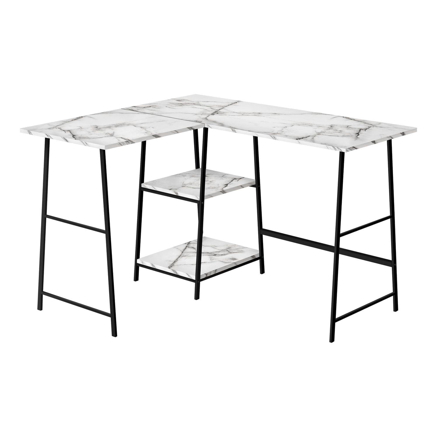 Monarch Specialties Computer Desk, Home Office, Corner, Storage Shelves, 48"l, L Shape, Work, Laptop, Metal, Laminate, White Marble Look, Black, Contemporary, Modern