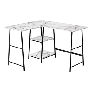Monarch Specialties Computer Desk, Home Office, Corner, Storage Shelves, 48"l, L Shape, Work, Laptop, Metal, Laminate, White Marble Look, Black, Contemporary, Modern